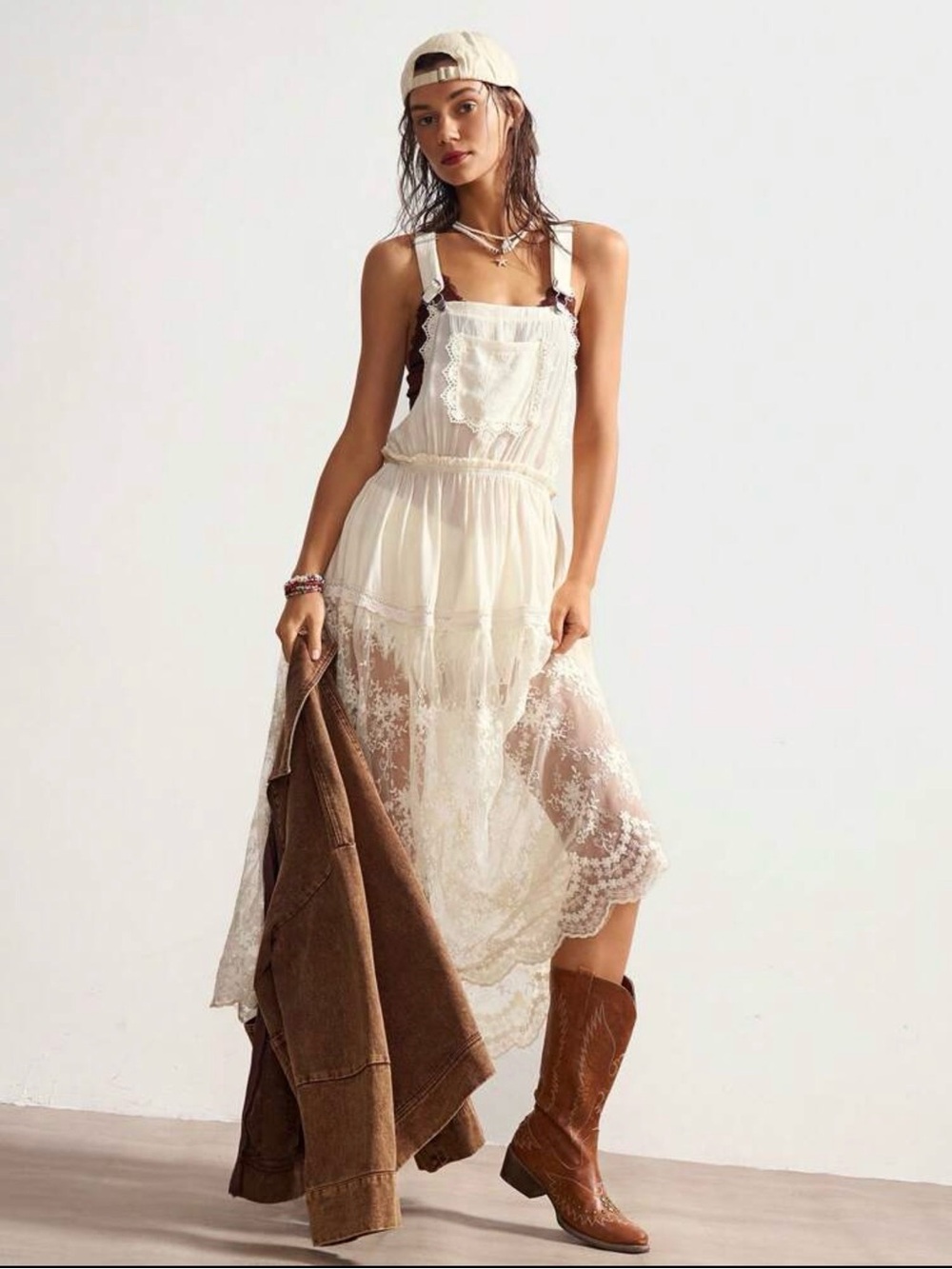 Lace-Trim Pink Apron Dress with Cream Lace Skirt